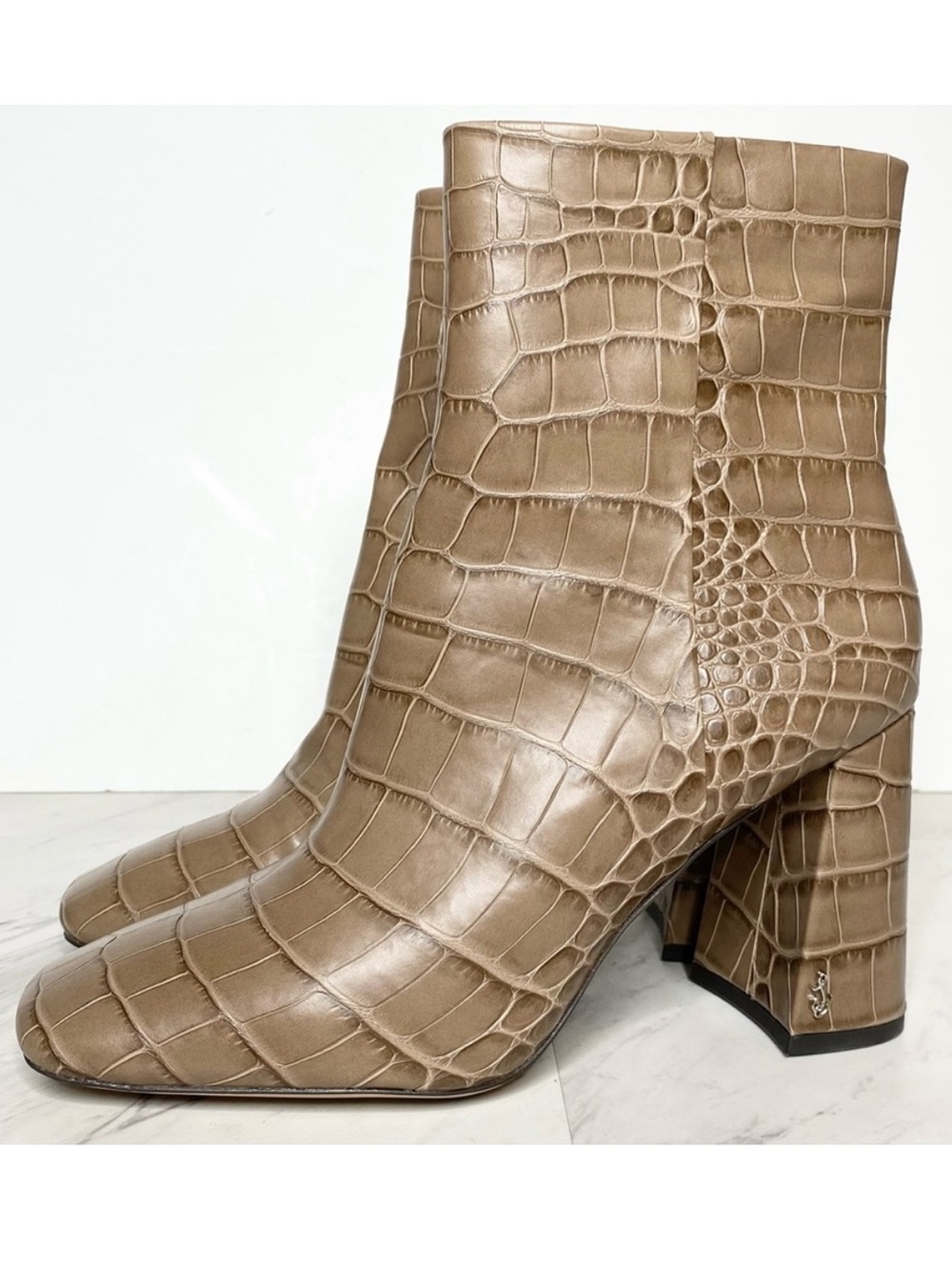 Sam Edelman Codie Gray Tan Crocodile Embossed Ankle Bootie 10M